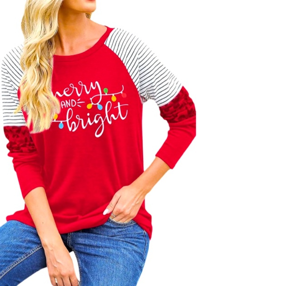 FLOYU Christmas Merry and Bright T-Shirt   Baseball Style Women’s Sz S - Picture 3 of 8